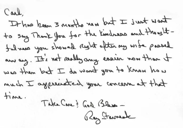 Handwritten thank-you note to Carl from Ray Stauneck, expressing gratitude for kindness after his wife's passing.