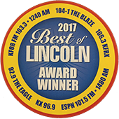 2017 Best of Lincoln Award Winner badge. Blue, gold, and red. Features radio station call signs around the edge.