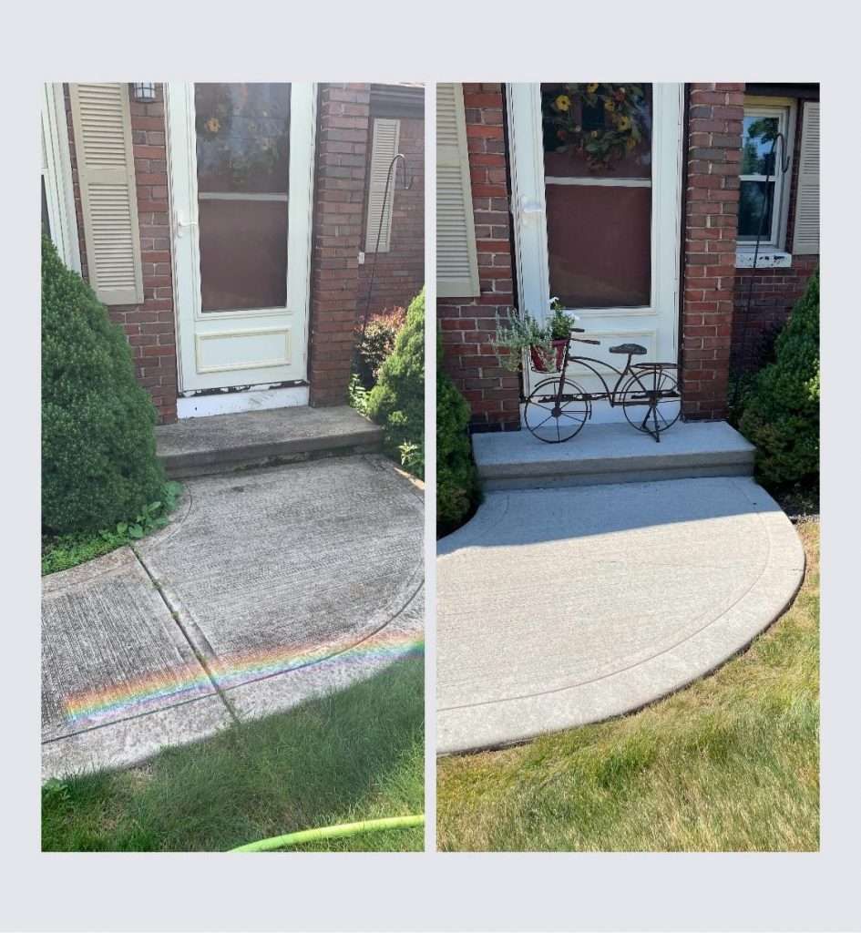 A Before And After Photo Of A Concrete Walkway — Ludlow, Massachusetts — All Blue Pressure Washing