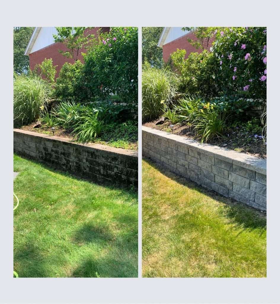 A Before And After Picture Of A Brick Wall In A Garden — Ludlow, Massachusetts — All Blue Pressure Washing