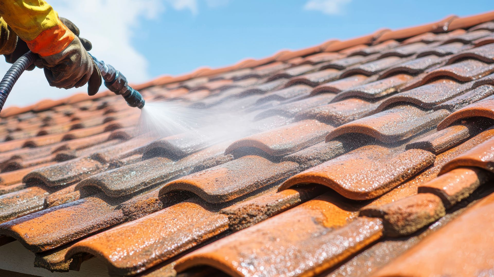 Worker pressure washing dirty clay roof tiles. Worker pressure washing dirty clay roof tiles.