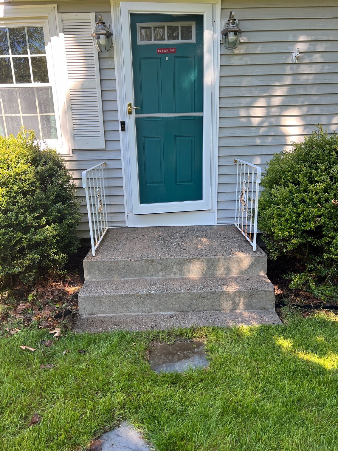 The front door of a house with a green door and steps.