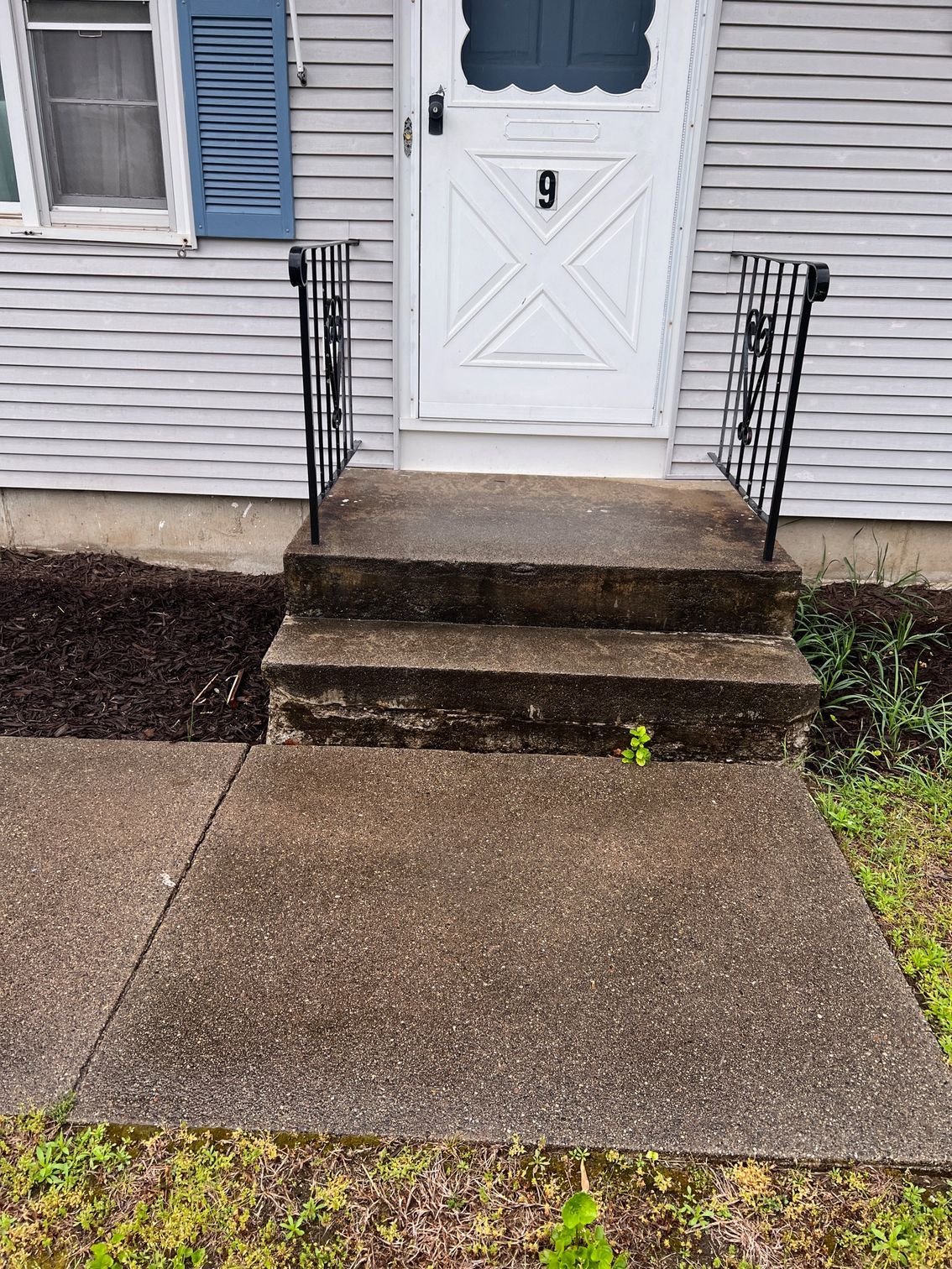 A concrete walkway leads to two concrete steps with a white door and black railing. The door has the number 9 on it.