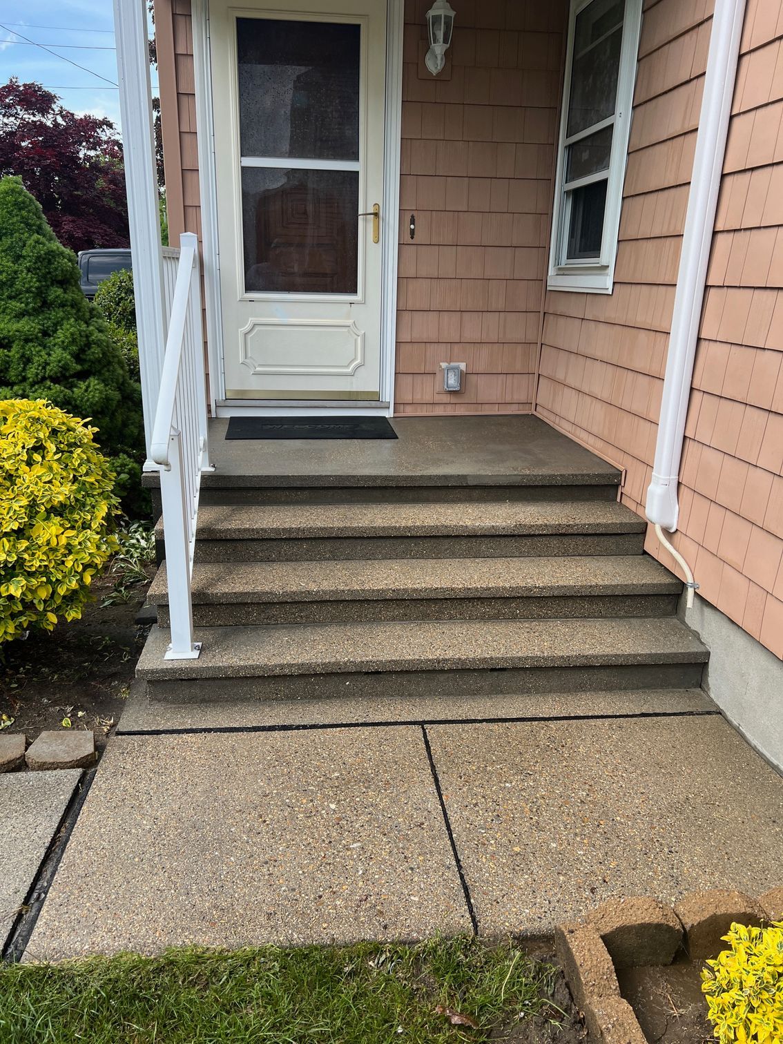 Concrete steps leading up to a front door. A white railing is on the left side, pink siding on the right.