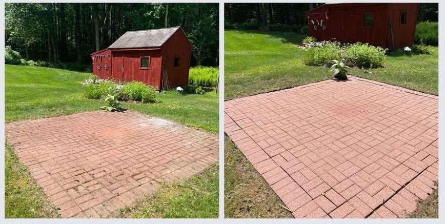 A before and after picture of a brick patio with a red shed in the background. — Ludlow, Massachusetts — All Blue Pressure Washing