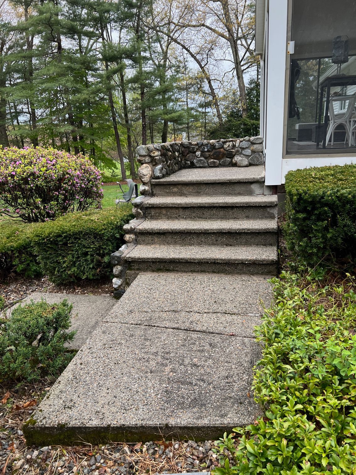 A concrete walkway with stairs leading up to a house surrounded by bushes and trees.