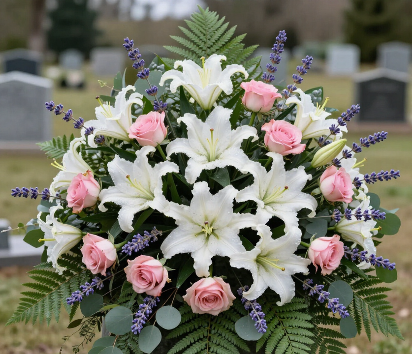 Gigli bianchi e rose rosa disposti in una corona funebre con fiori viola in un cimitero