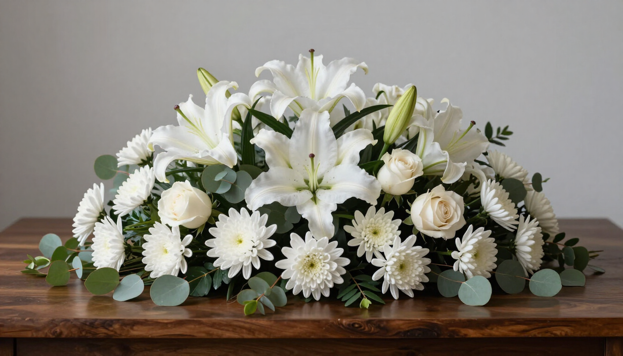 Composizione floreale funebre bianca con gigli, rose e verde su un tavolo di legno.