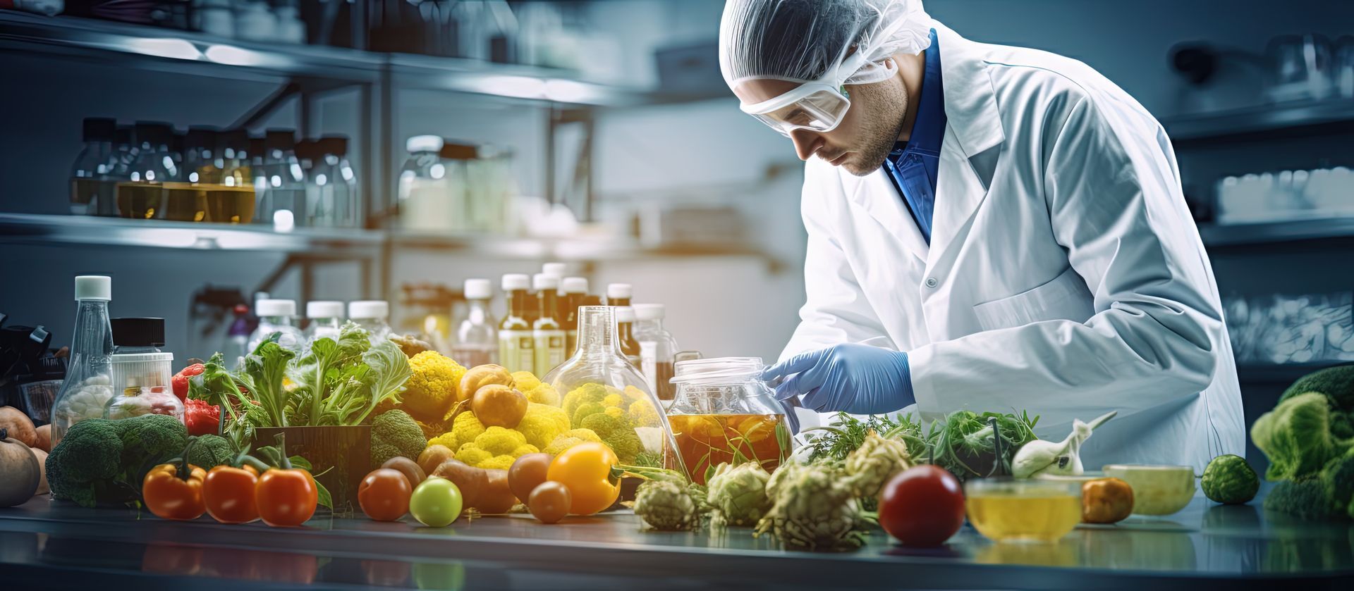 A scientist is standing in front of a table filled with fruits and vegetables.