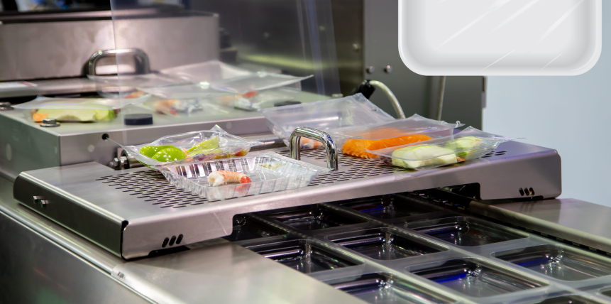 A tray of food is sitting on top of a conveyor belt in a kitchen.