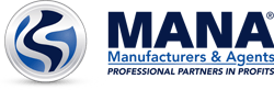 A blue and white logo for mana manufacturers and agents