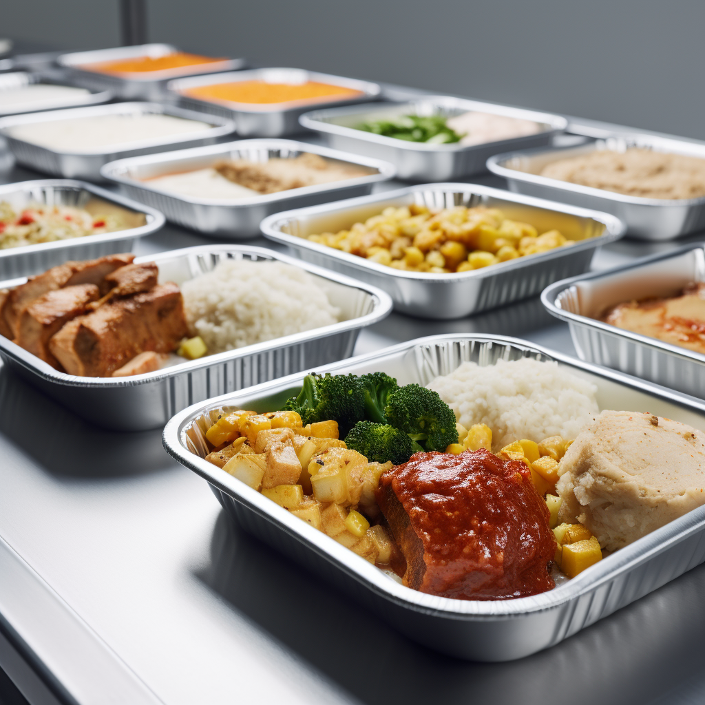 A variety of food in aluminum foil containers on a table.