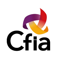 A cfia logo with a purple , orange , and red ribbon.