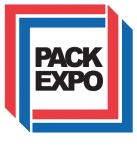 The logo for the pack expo is red , white and blue.