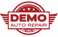 Red logo for "Demo Auto Repair" with wings, stars, and a circular design.