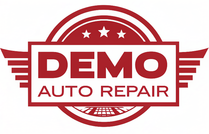 Red logo for "Demo Auto Repair" with wings, stars, and a circular design.