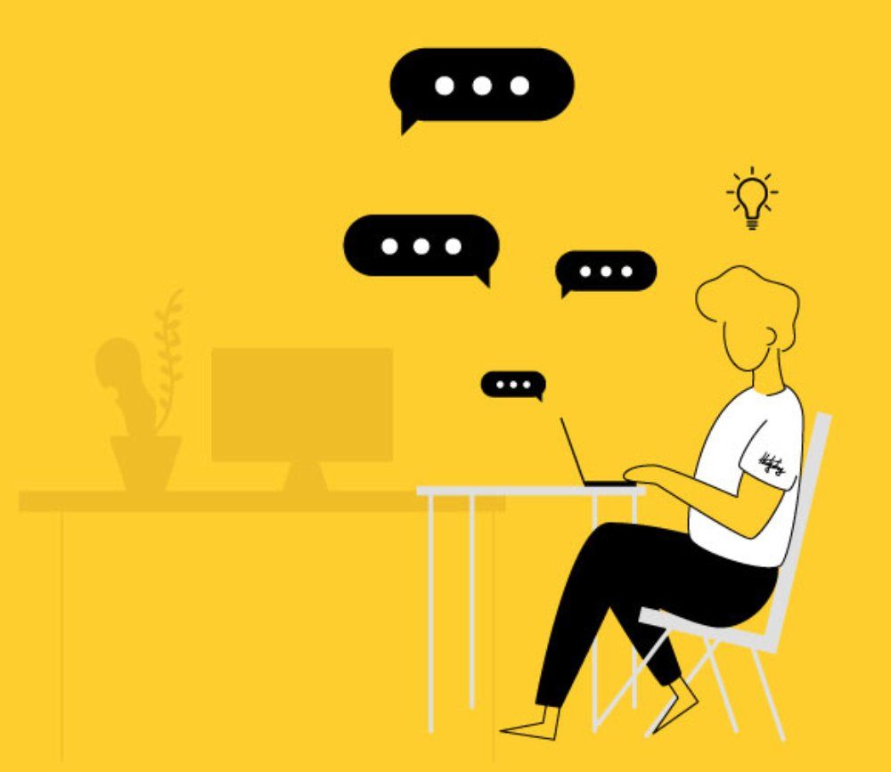 Ilustração de uma pessoa sentada à frente de computador portátil, com ícones de ideia e de conversa sobre fundo amarelo