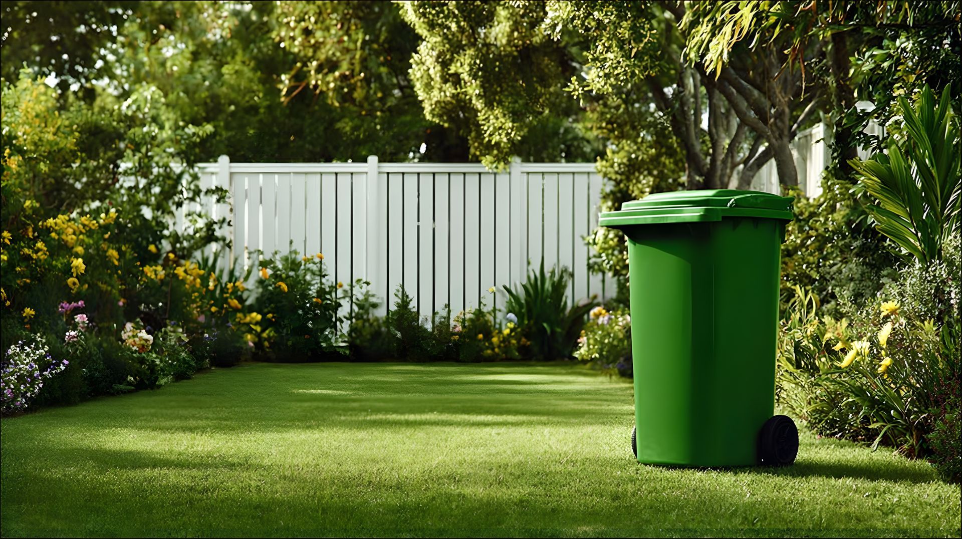 View of a backyard with a white new fence in the background and a green trash bin.