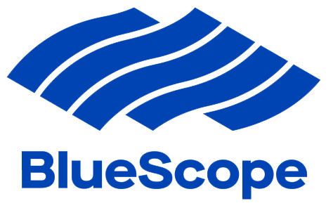 BlueScope logo: blue stylized wave shapes above the word