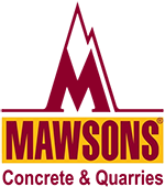 Logo for Mawson's Concrete & Quarries: Maroon mountain peak over a maroon