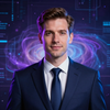 Professional man in a dark suit against a futuristic purple digital background