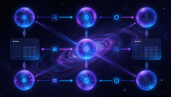 Futuristic blue-purple network diagram with glowing connected nodes and data panels on a dark background