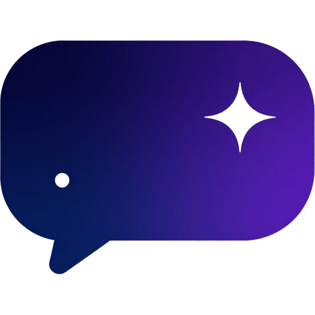 Purple chat bubble icon with a white sparkle and small dot