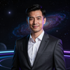 Man in a dark suit standing before a glowing cosmic backdrop with stars and a purple galaxy