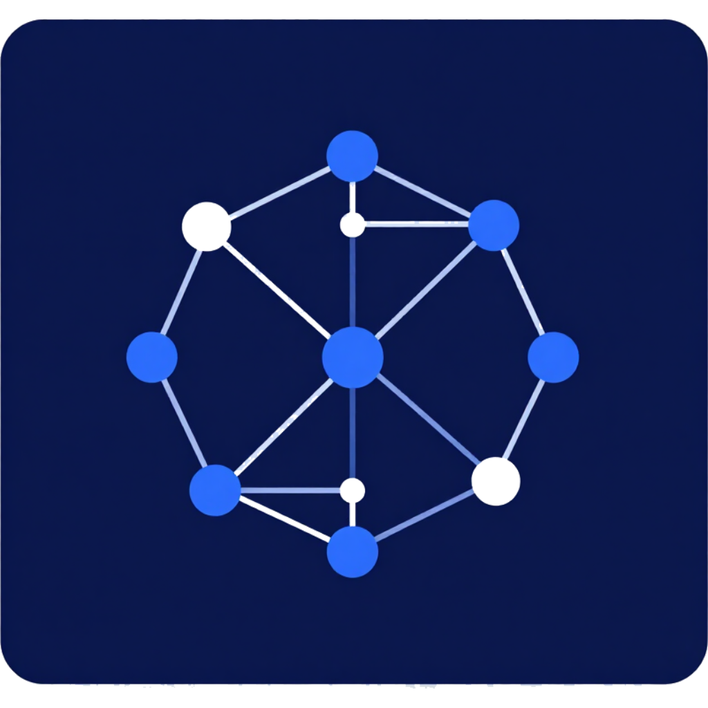 Blue network icon with connected nodes on a dark blue background