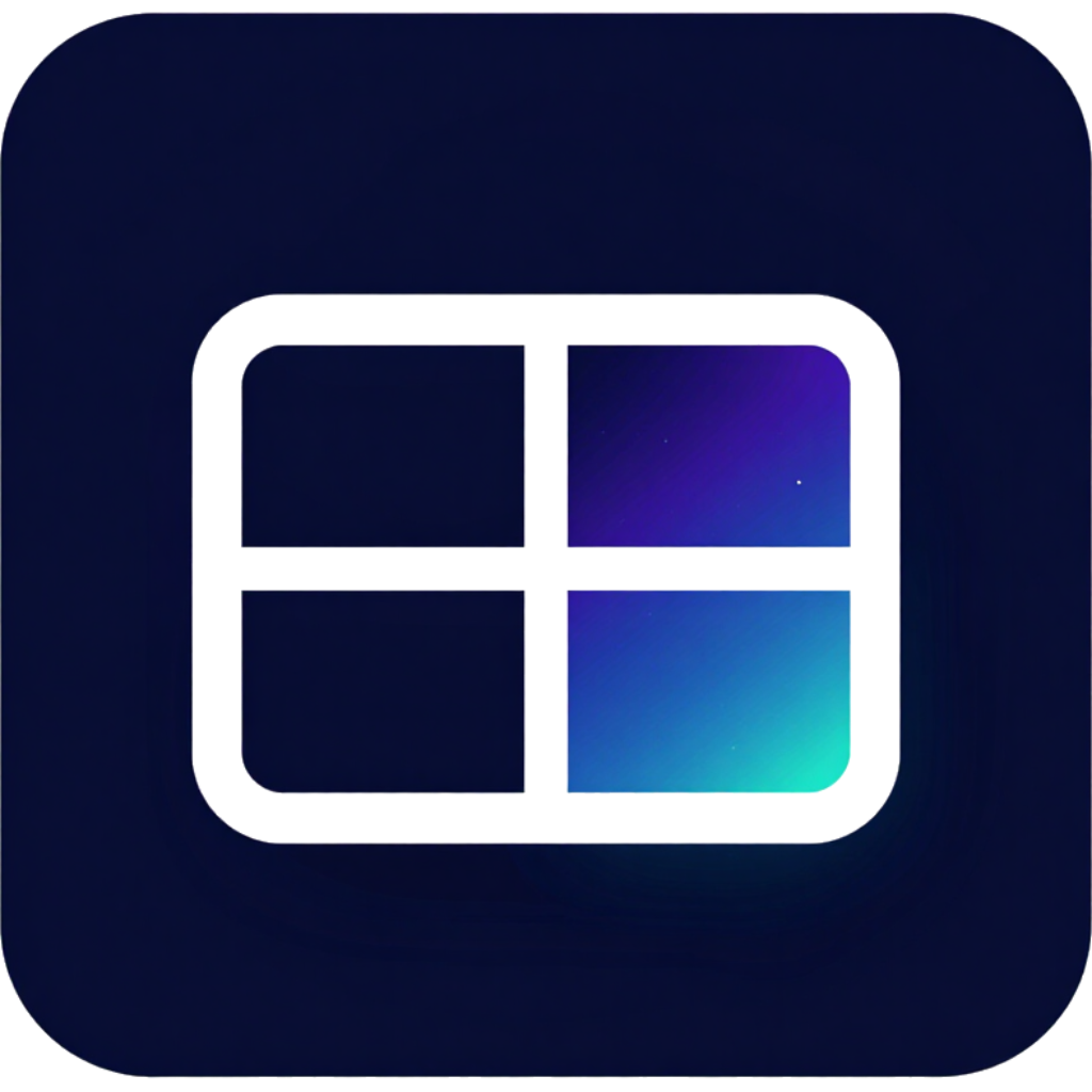 White rounded window grid icon on a dark blue square with a purple-to-cyan accent in the lower-right pane
