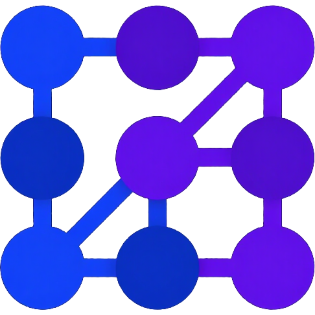 Blue and purple geometric network logo with connected circles and diagonal links