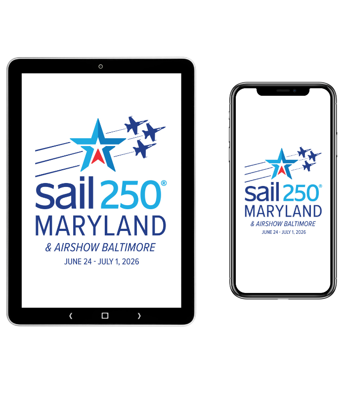 A tablet and a cell phone with the sail 250 maryland logo on them.