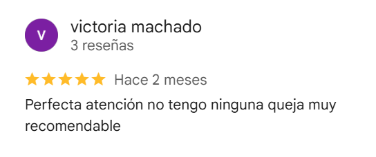 Reseña española de 5 estrellas de Victoria Machado elogiando la atención perfecta y recomendándolo.