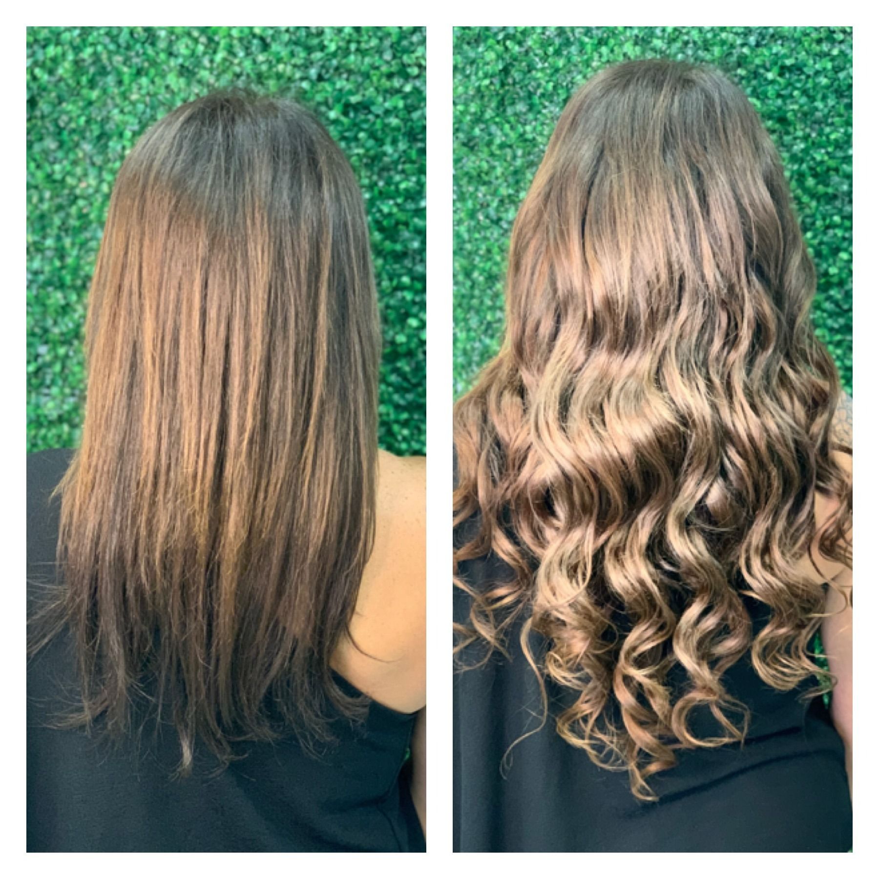 Before and after hair styling: straight, brown hair transforms into wavy, light brown curls.