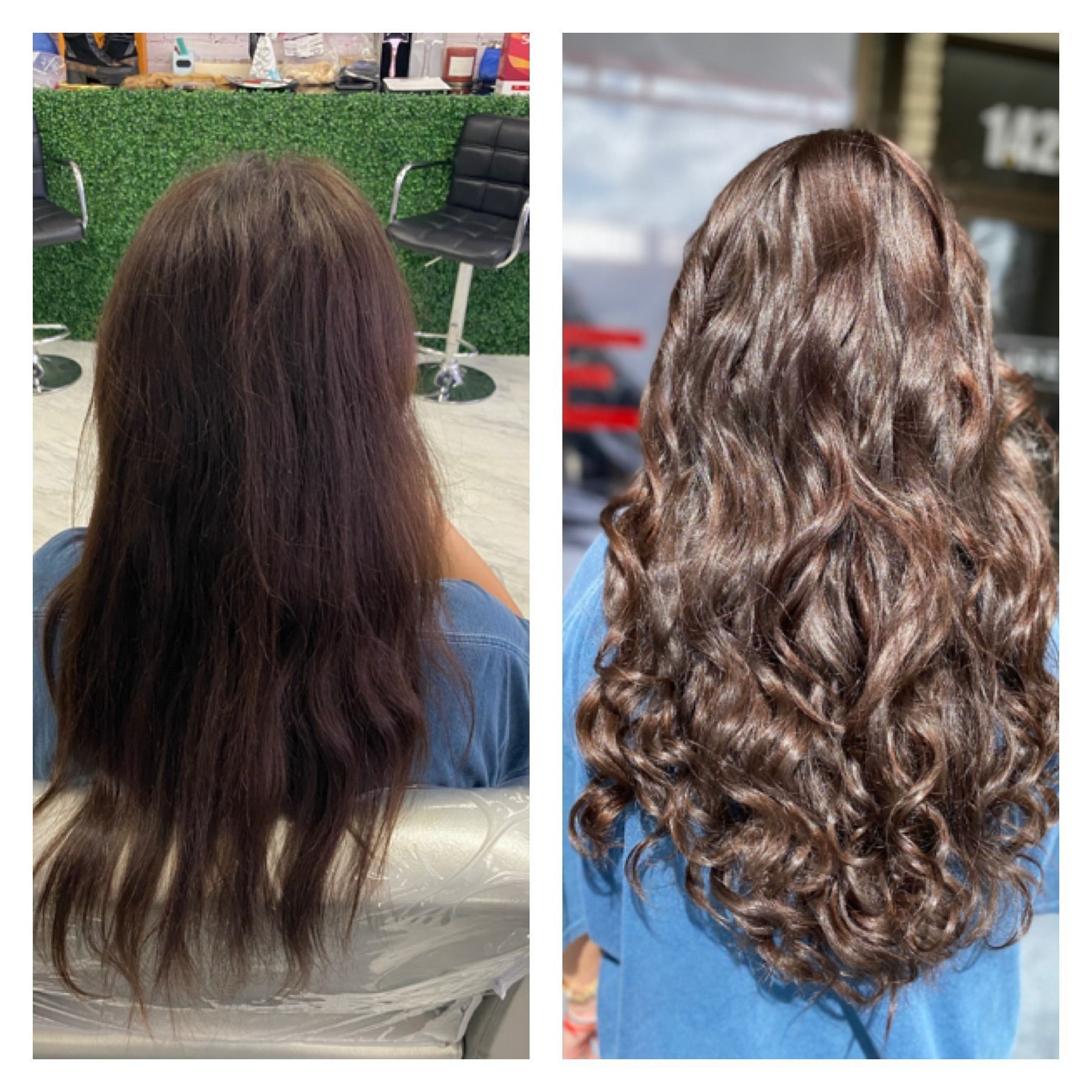 Before and after of long, dark brown hair. Left image shows straight hair. Right image shows wavy, styled hair.