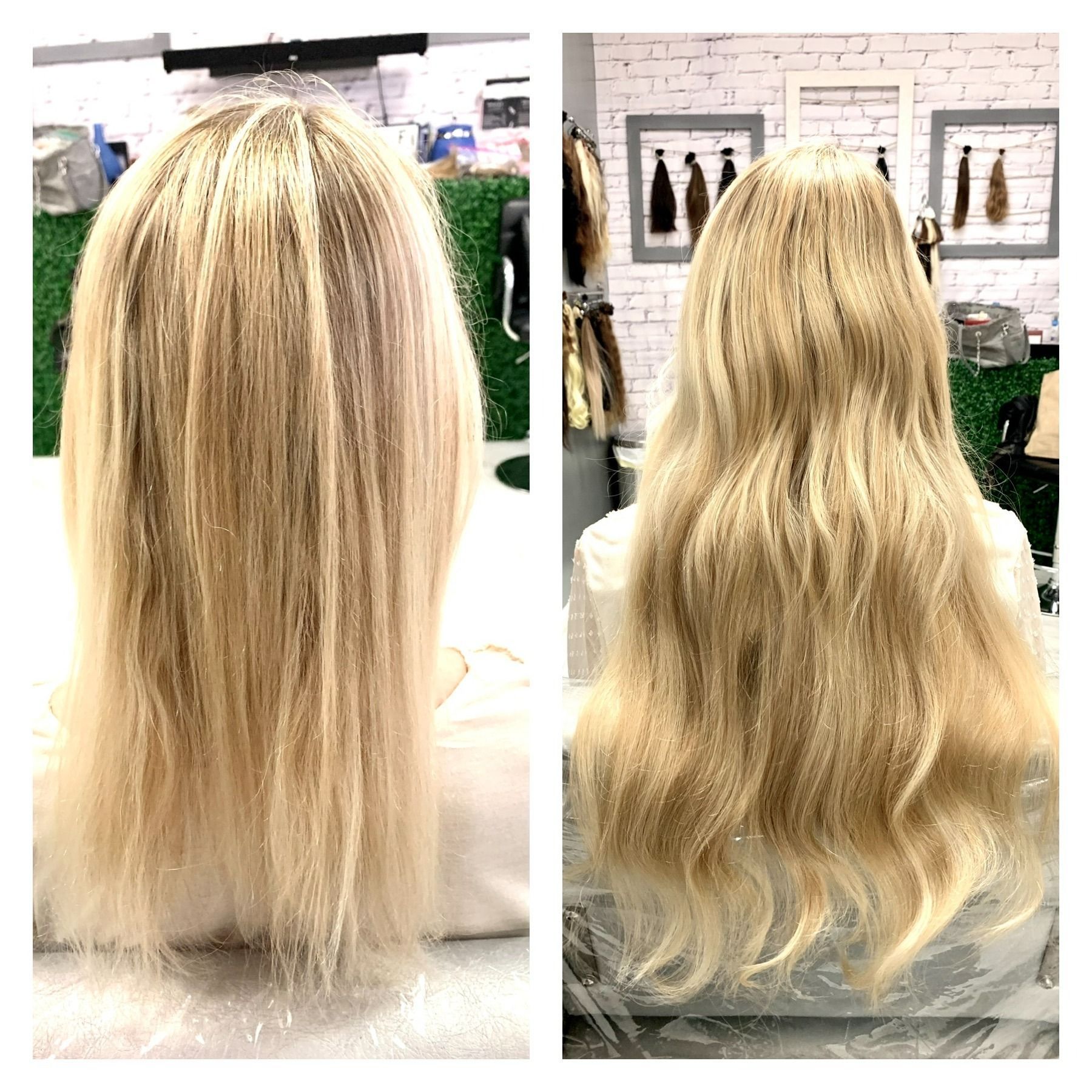 Two views of blonde hair: before and after extensions.
