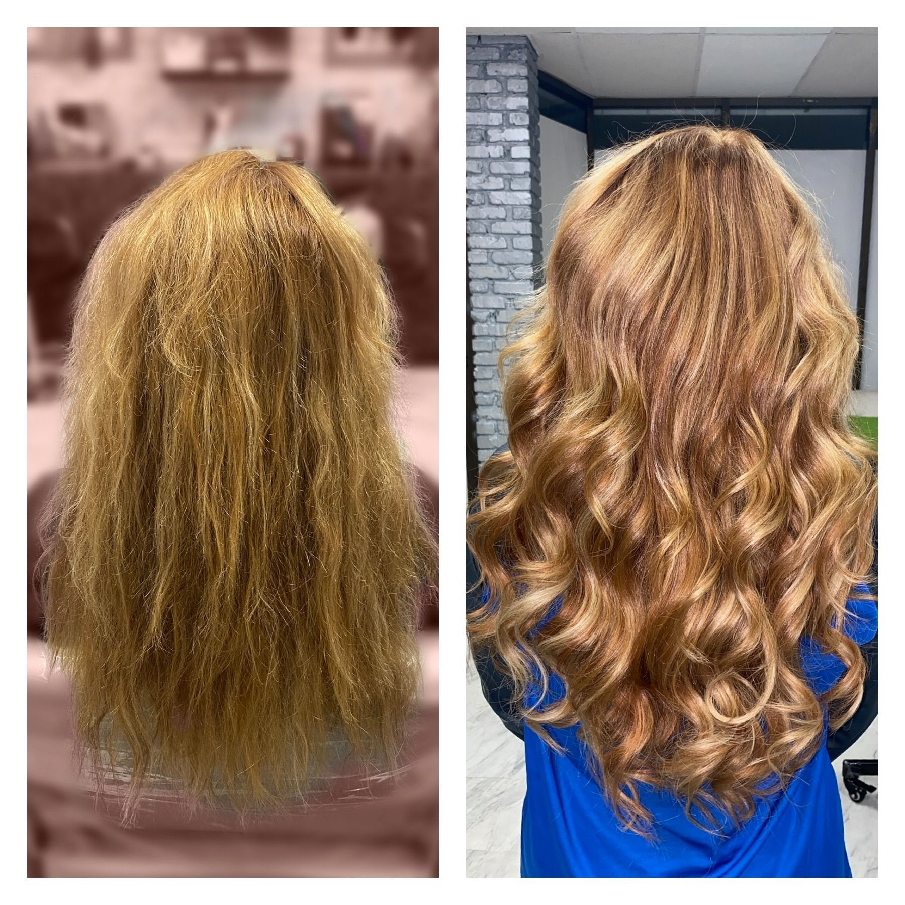 Before-and-after of blonde hair. Left side: dry, tangled. Right side: wavy, healthy looking.