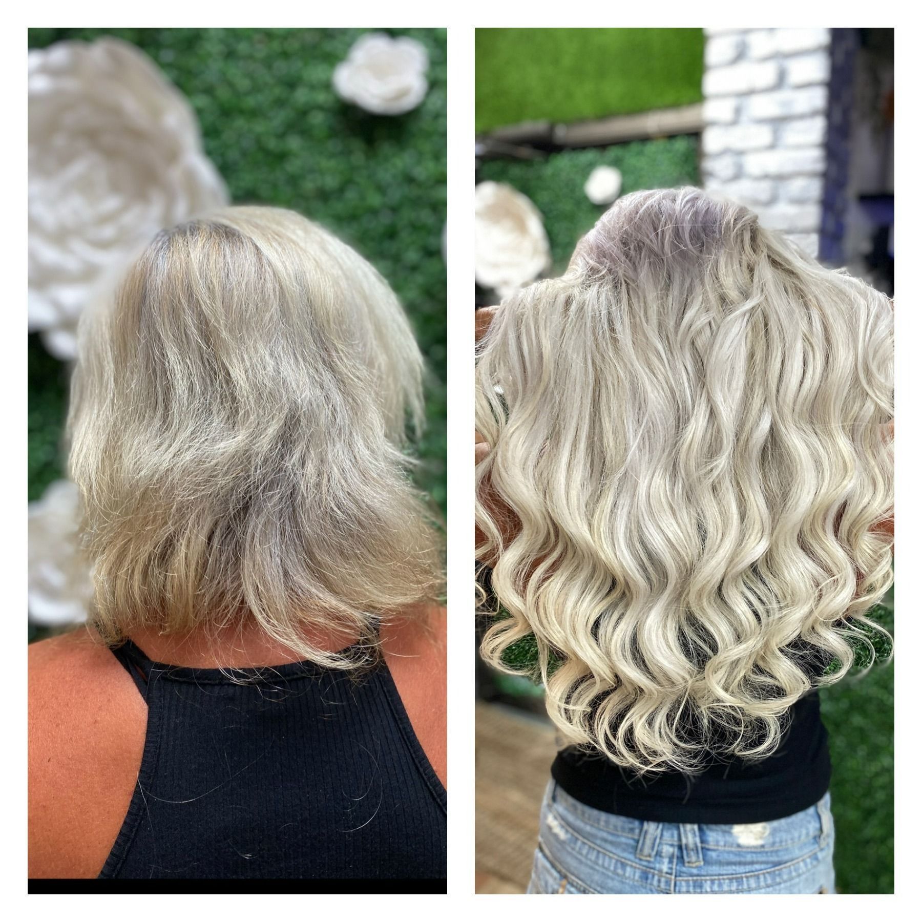 Before-and-after of blonde hair. Shorter hair on the left, long wavy hair on the right. Both backs of heads.