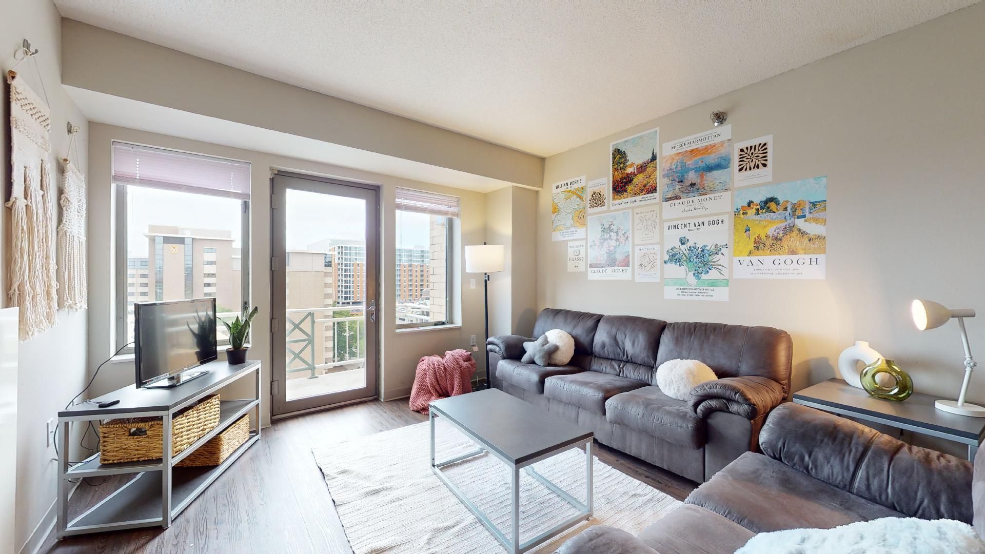 A living room with a couch and a coffee table
