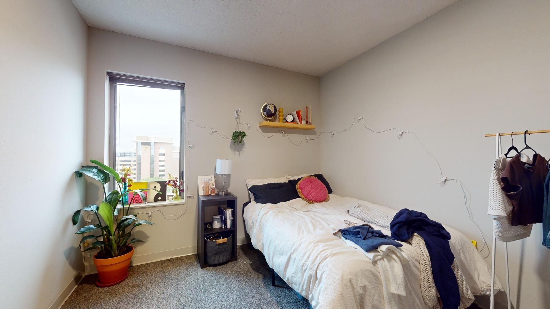 A bedroom with a bed , nightstand , plant and window.