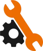 An orange wrench and a black gear on a white background.