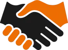 A black and orange handshake on a white background