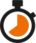 A black and orange icon of a stopwatch with a half circle in the middle.