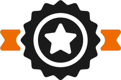 An icon of a star in a circle with two ribbons.