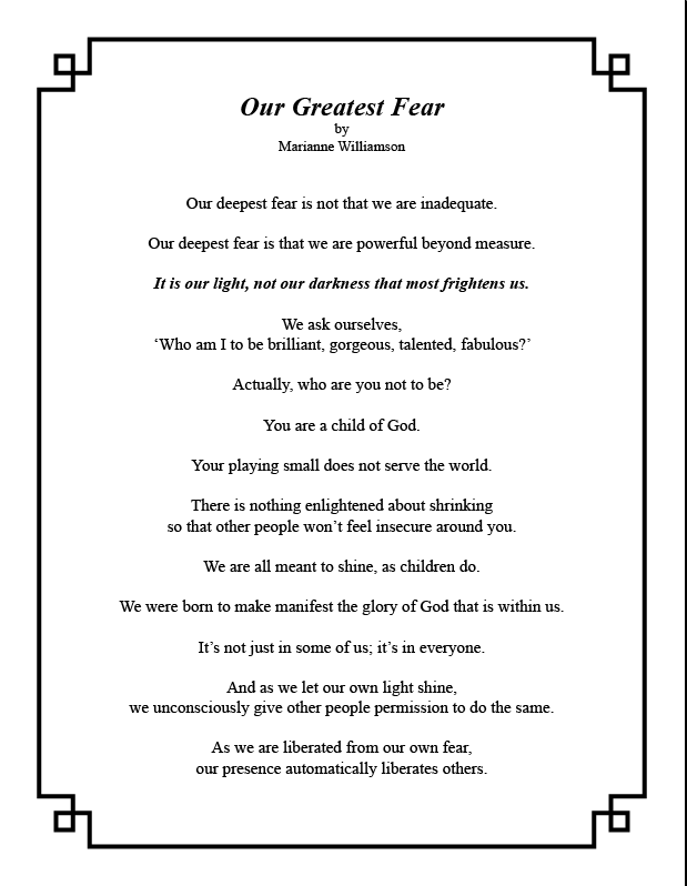 a poem titled our greatest fear by marianne williamson