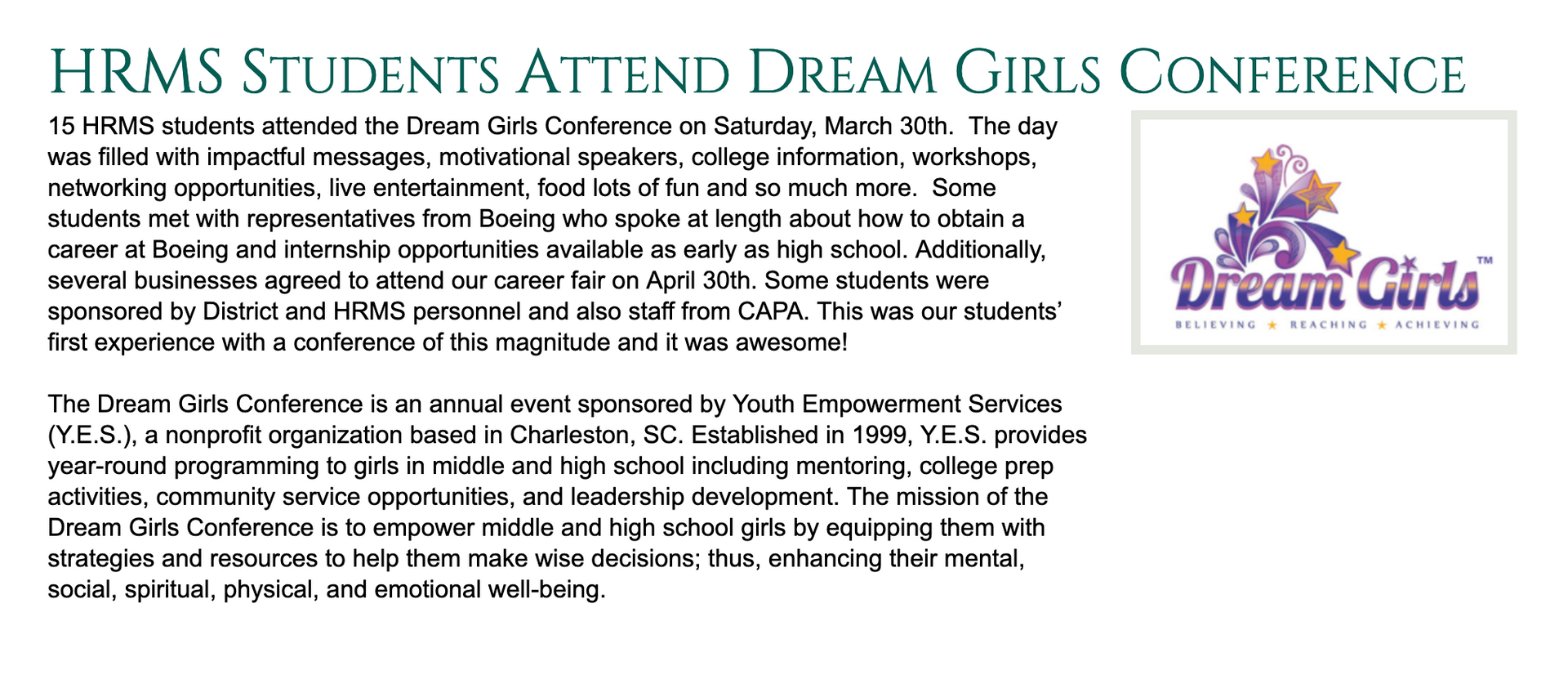 hrms students attend dream girls conference on saturday march 30th