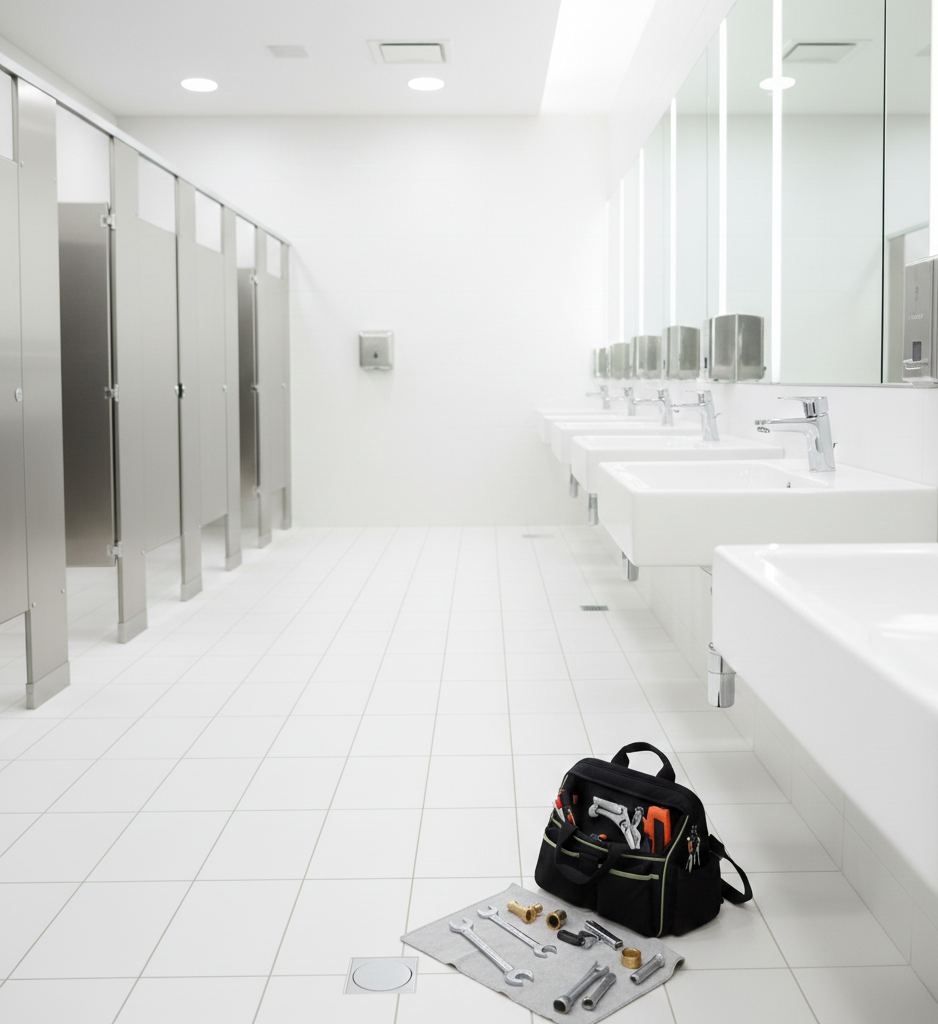 Bright white public restroom with stalls, sinks, and a black tool bag on the floor.