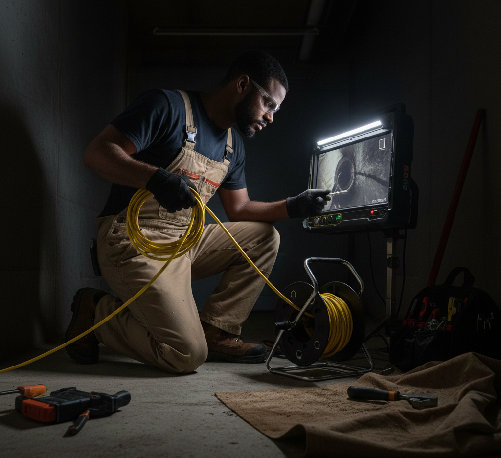 Plumber uses a camera to inspect a pipe, kneeling in a dark basement. He wears overalls and gloves, and watches a monitor.
