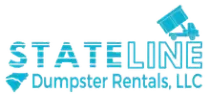 Logo for Stateline Dumpster Rentals, LLC, featuring turquoise text, a North Carolina outline, and a truck tipping a dumpster.