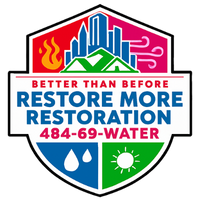 Hexagon logo with mountains, trees, and campfire in orange and blue.